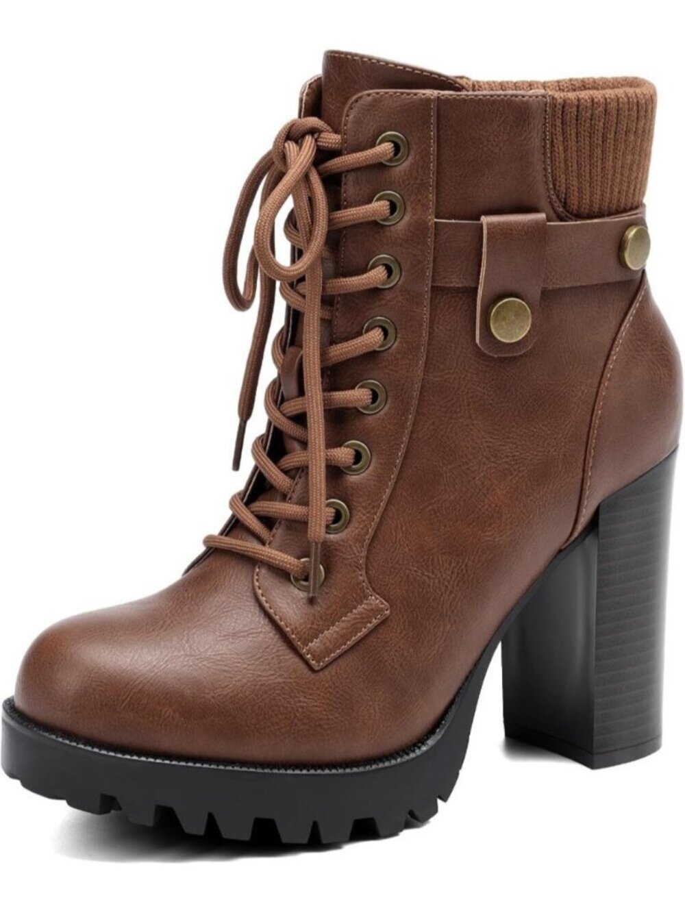 Women's Coffee Round Toe Chunky Platform Heels Lace Up Combat Ankle Booties